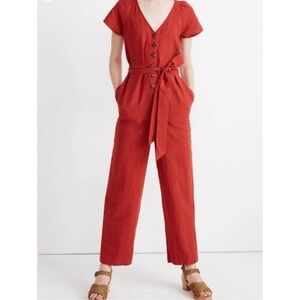 Madewell Rust Red Button Front Linen Blend Wide Leg Jumpsuit Size 2
